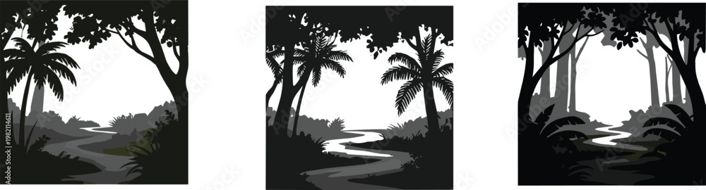 Fototapeta premium Jungle forest pathway, palm trees, canopy silhouettes, tropical landscape, grayscale foliage, atmospheric depth, black vector outline, cad drawing flat vector illustration