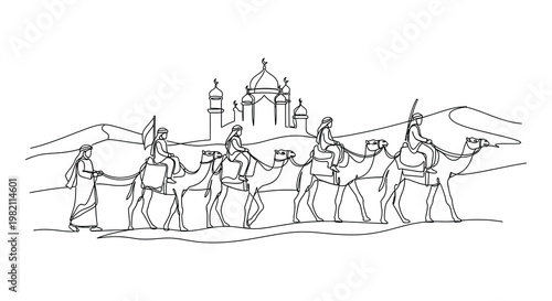Silhouette of a camel caravan traveling across a desert landscape