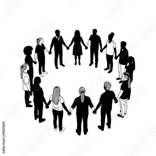 Diverse group of people holding hands in a circle