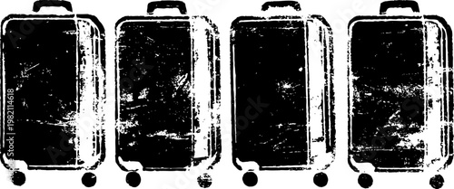 four distressed black vintage suitcases with wheels in a row isolated on white background