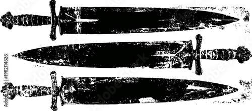 Three antique medieval swords with detailed hilts and long double edged blades arranged horizontally