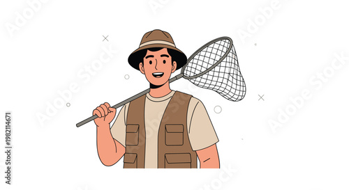 Cheerful young fisherman wearing a hat and vest carries a large fishing net over his shoulder in a friendly character vector illustration.