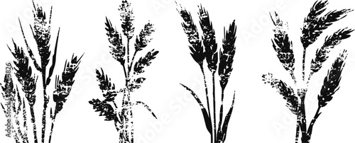 Black silhouettes of wheat stalks with detailed grains and leaves in vertical arrangements