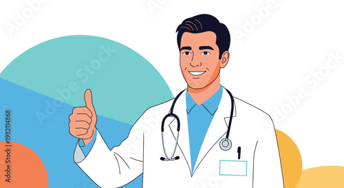 Friendly male doctor wearing a white lab coat and stethoscope smiles warmly while giving a thumbs up gesture against a colorful abstract backdrop.