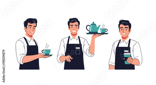 Professional male barista is shown in three different poses serving hot coffee and tea while wearing a black apron over a white collared shirt.