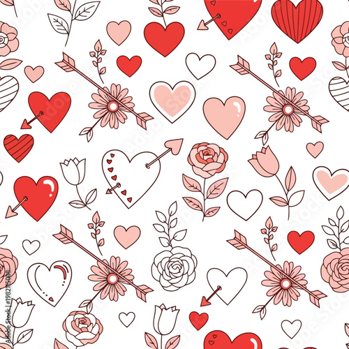 A romantic pattern of red and pink hearts, flowers, and arrows on white background