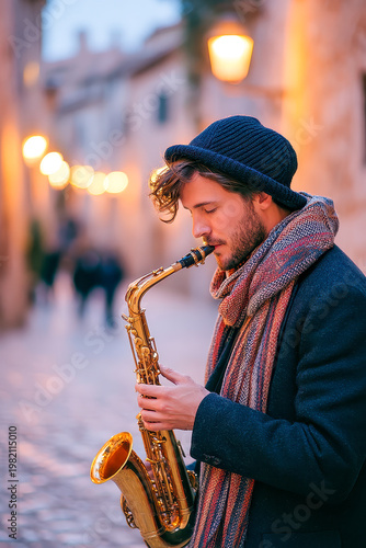 Young male musician playing saxophone on cobblestone street at dusk, wearing hat and scarf, warm bokeh lights background