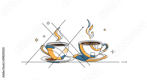 Two stylized coffee cups filled with dark beverage and rising steam feature abstract colorful patterns in a creative modern vector design.