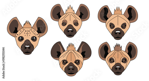 Set of five spotted hyena head illustrations showcasing various facial expressions and features in a clean and consistent vector cartoon style.
