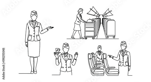 Line drawing depicting flight attendants and airline service elements