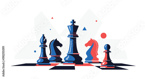 Artistic vector composition of blue and red chess pieces including a king knight and bishop arranged on a stylized board with geometric shapes.