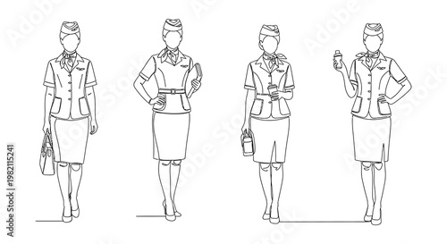 Line drawing depicting flight attendants and airline service elements