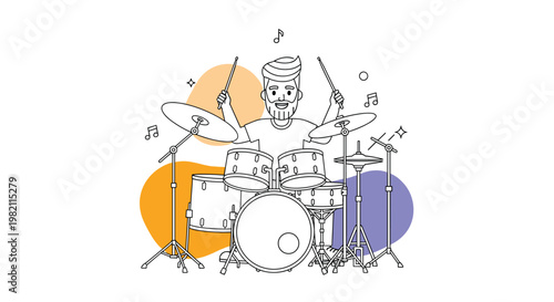 Energetic male drummer with a beard plays a full drum set enthusiastically against a backdrop of colorful abstract shapes and musical notes.