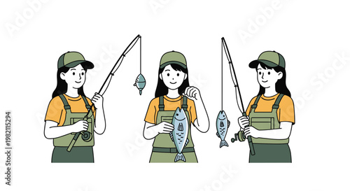 Three illustrations of a female angler in green overalls catching fish with a fishing rod showing different stages of a successful fishing trip.