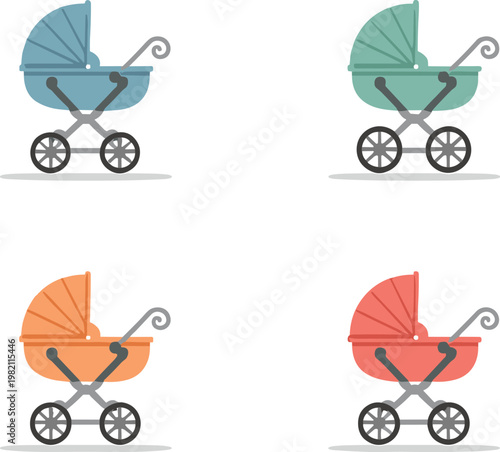 Four colorful baby strollers on a white background in a flat design style