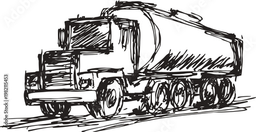 Fuel tanker truck sketch industrial vehicle transporting liquid cargo, transportation logistics concept