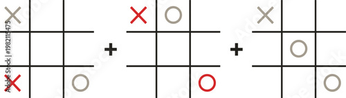 Three Tic Tac Toe Games with Different Moves on White Background