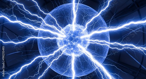 Abstract Blue Energy Sphere with Electric Lightning Strikes