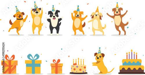 Happy dogs celebrating with party hats and cakes during a festive occasion