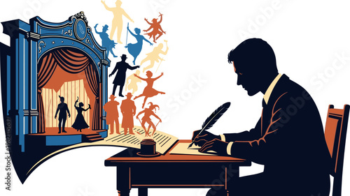 Creative Writing and Theatre Icon, Featuring a Writer, Stage, and Dancers in Minimalist and Artistic Style
