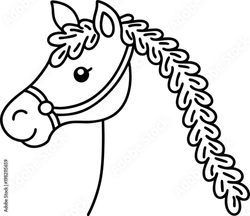 Horse head outline with braided mane and bridle, simple black and white animal illustration