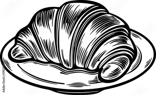 Croissant on plate fresh baked pastry with flaky layers, breakfast food illustration, traditional french bread