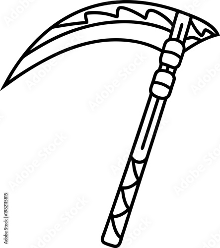Decorative tribal scythe with patterned blade and detailed handle illustration