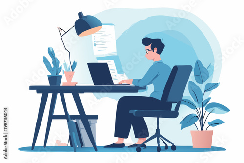 “Office worker illustration, person working on laptop at desk, bold blue gradient background, modern flat vector, non-white background”