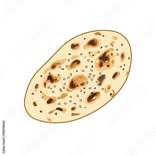 Tandoori Naan Bread Vector Illustration with Sesame Seeds, Minimal Flat Indian Flatbread Design, Clean Traditional Bakery Food Graphic, Modern Kitchen Food Element