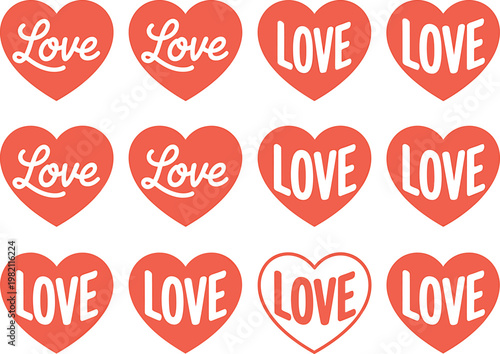 Red hearts with love text on white background for valentines day gifts