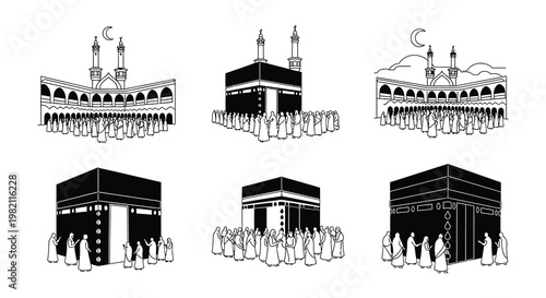 Black and white illustrations depicting the kaaba and surrounding mosque structures