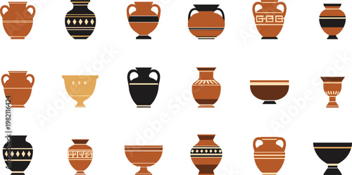 Collection of ancient Greek pottery designs with decorative patterns on a white background