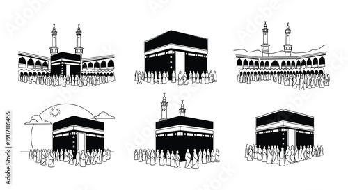 Black and white illustrations depicting the kaaba and surrounding mosque structures