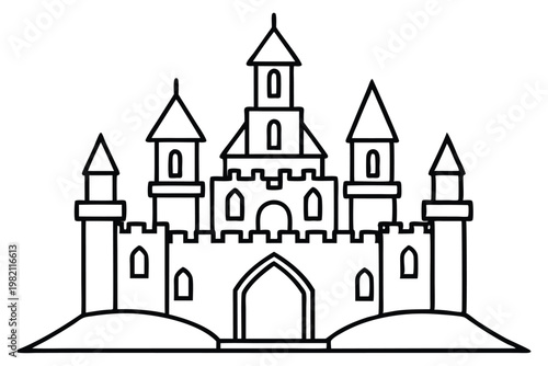 castle silhouette line art vector illustration with a white background