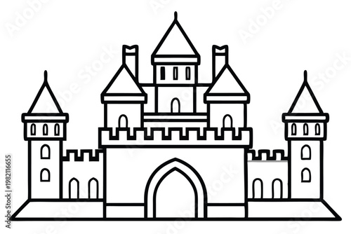 castle silhouette line art vector illustration with a white background