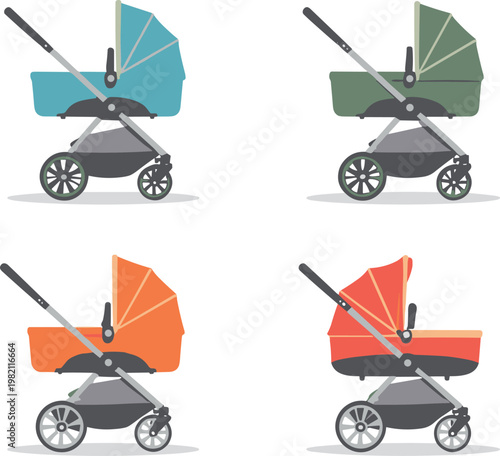 Four modern baby strollers in different colors with clean design for infant transport