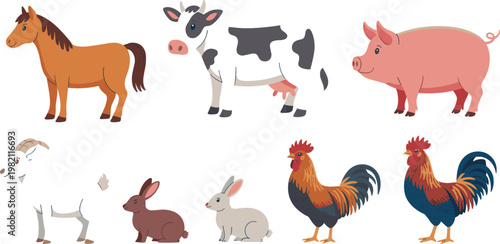 Farm animal collection featuring horse cow pig goat rabbit and rooster in flat vector illustration style for children education and rural design
