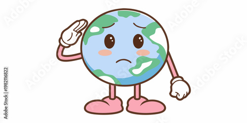Sad earth character salutes with a hand to its forehead showing concern