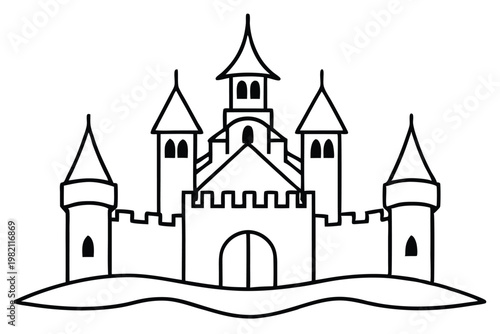 castle silhouette line art vector illustration with a white background