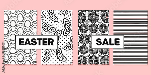 Four black and white patterned panels with easter sale text overlay