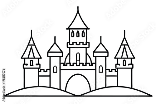 castle silhouette line art vector illustration with a white background