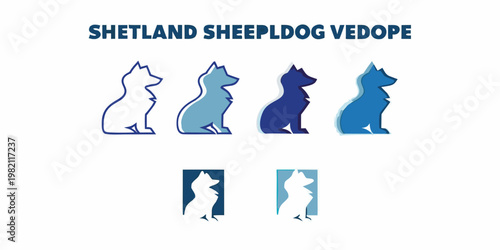 Shetland sheepdog vedope logo with silhouettes in varying shades of blue