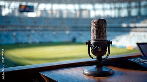 Microphone on desk in stadium broadcasting sports event