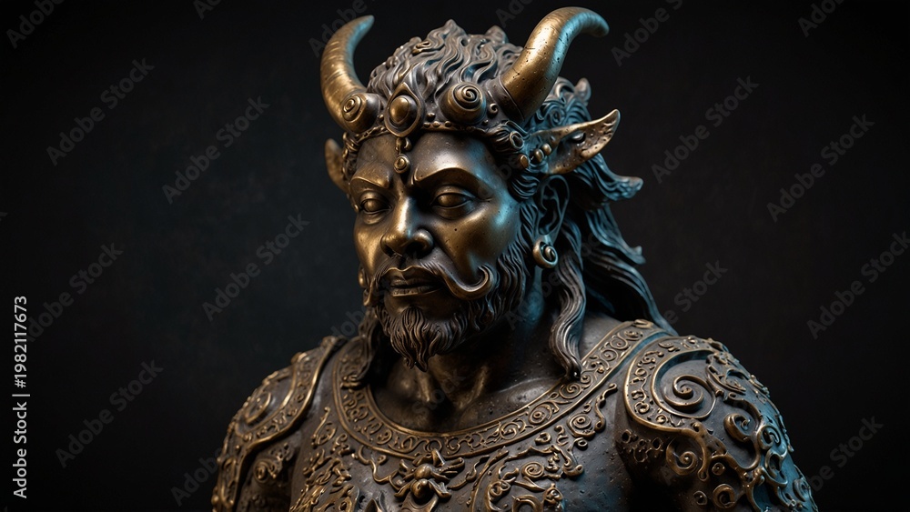 Obraz premium Generative AI illustration: statue of man with horns on his head with detailed texture