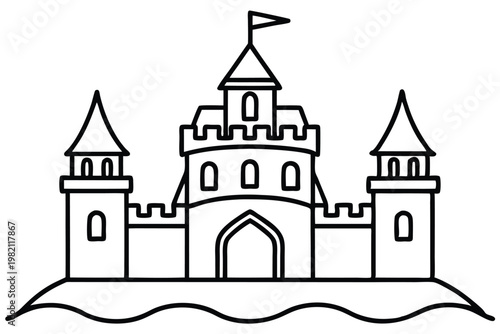 castle silhouette line art vector illustration with a white background