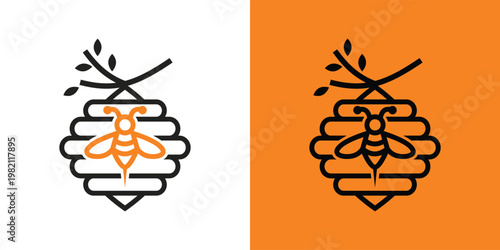 Beehive logo design with a bee and branch simple and clean.