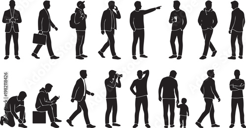 Black silhouette people icons, business professional walking poses, human figures, 20 isolated characters