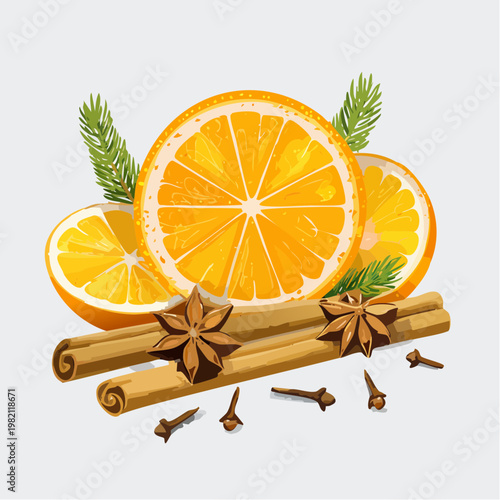 Orangenscheiben und Gewürzduft im Winter