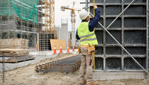 建設現場で構造物の寸法を測定する作業員の後ろ姿