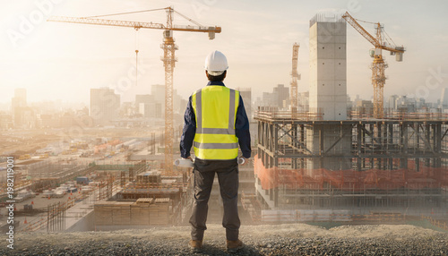 大規模な建設現場を見上げる作業員の後ろ姿